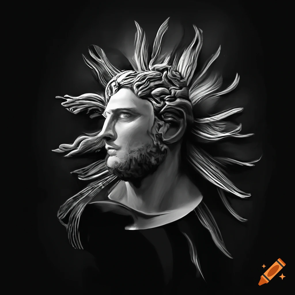 greek god and sun in black and white