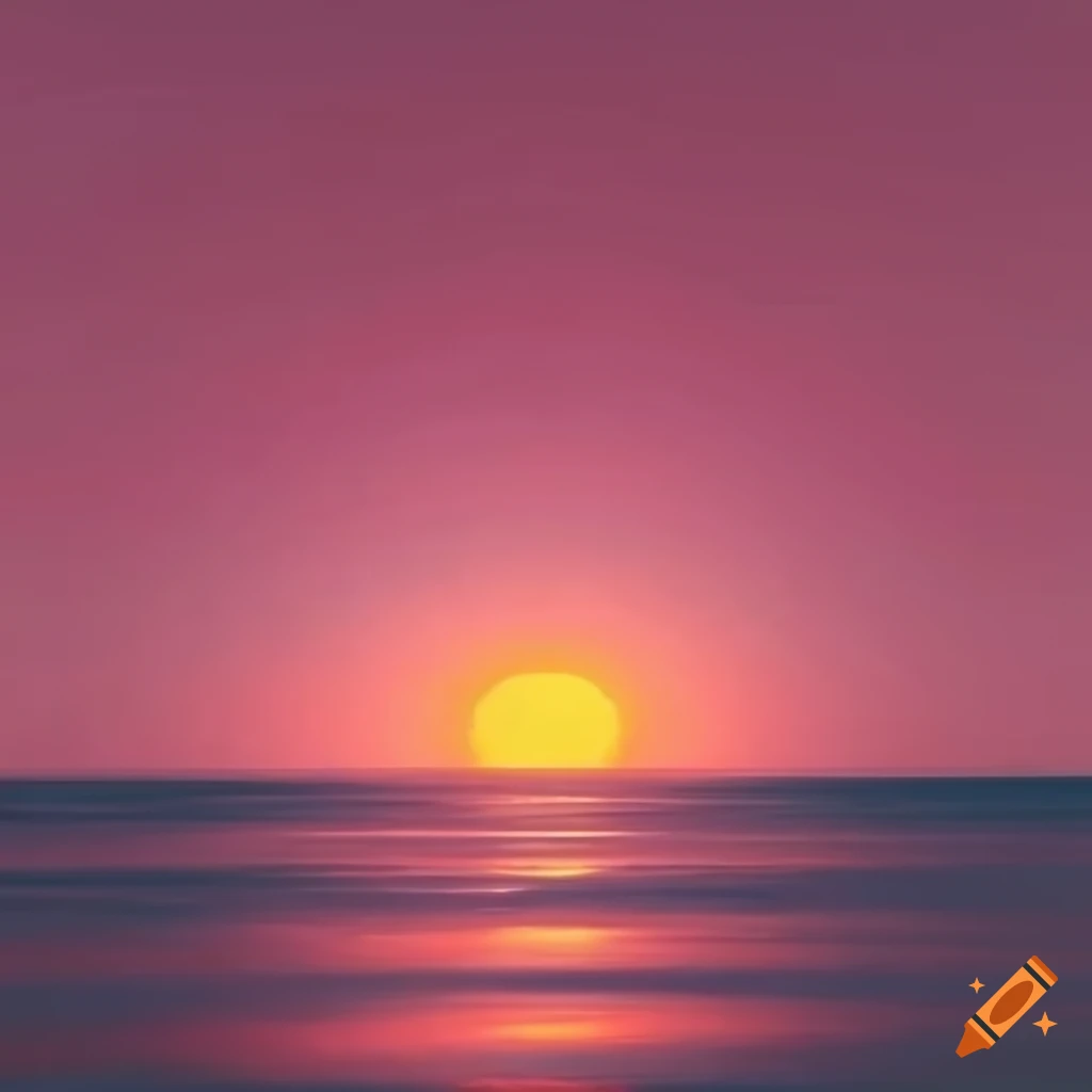A painting of a pink sunset over the ocean. the sky and water are both a  pale pink, with a white sun setting on the horizon, with white ripples on  the water