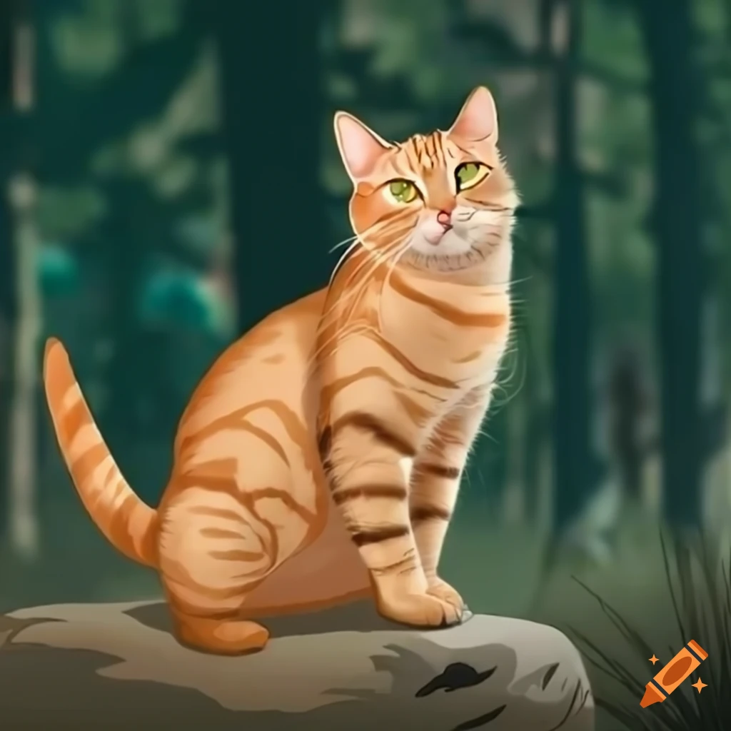 Cute ginger tabby cat sitting on a tall rock with a forest