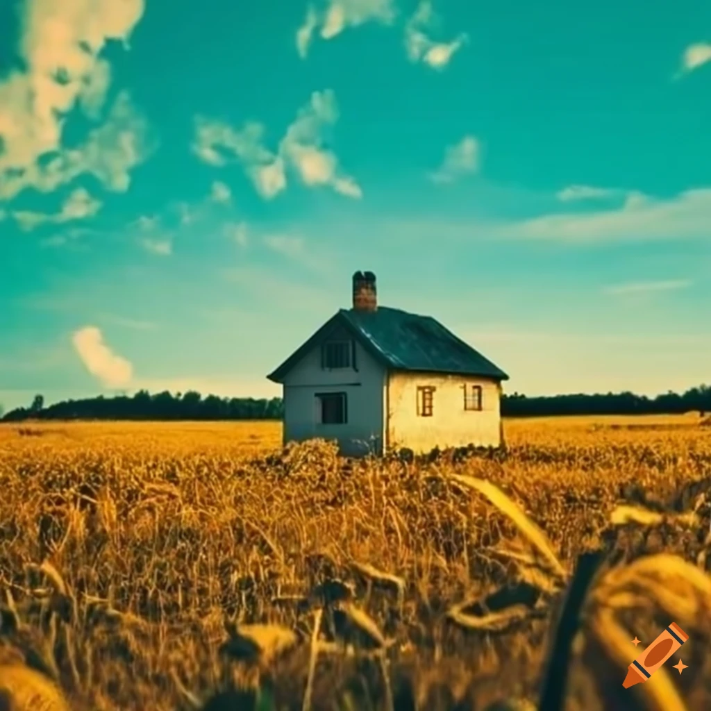 A small house sits amongst fields in a beautiful summer landscape