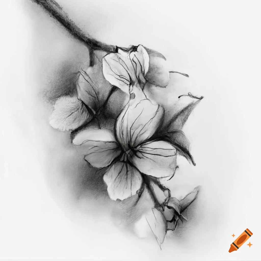 Charcoal drawing of a branch with flowers on a white background on