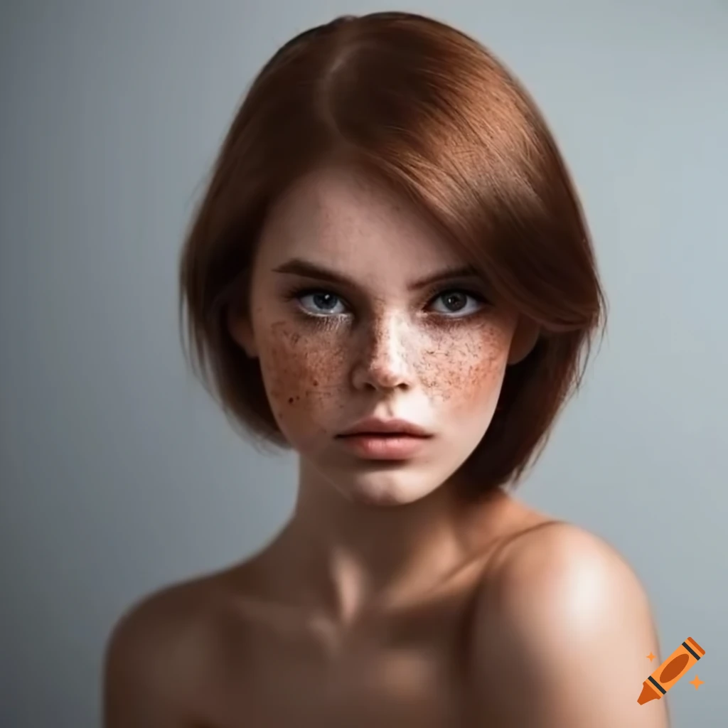 Beautiful young woman shoulderlength dark chestnut hair very light