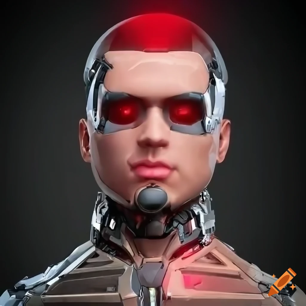 A realistic young adult male with a red glowing laser eye