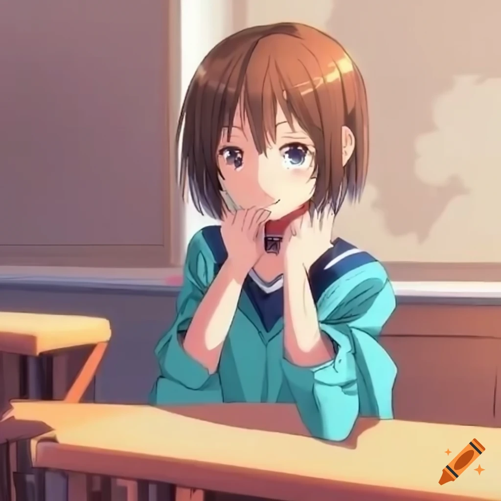 Tired anime girl sleeping on chair with head on desk, | Stable Diffusion