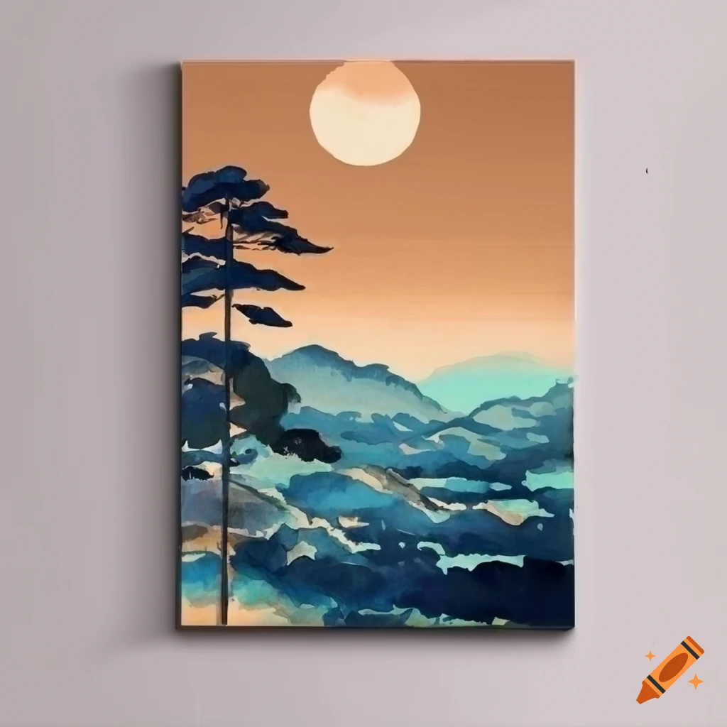 Minimalist japandi wall art, japanese landscape painting, in the style of  watercolor traditional japanese painting, with japanese pattern in the  background on Craiyon