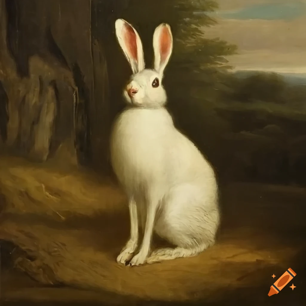 oil painting of a white hare in a landscape