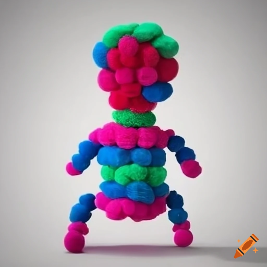 A humanoid made of many colored puff balls on Craiyon