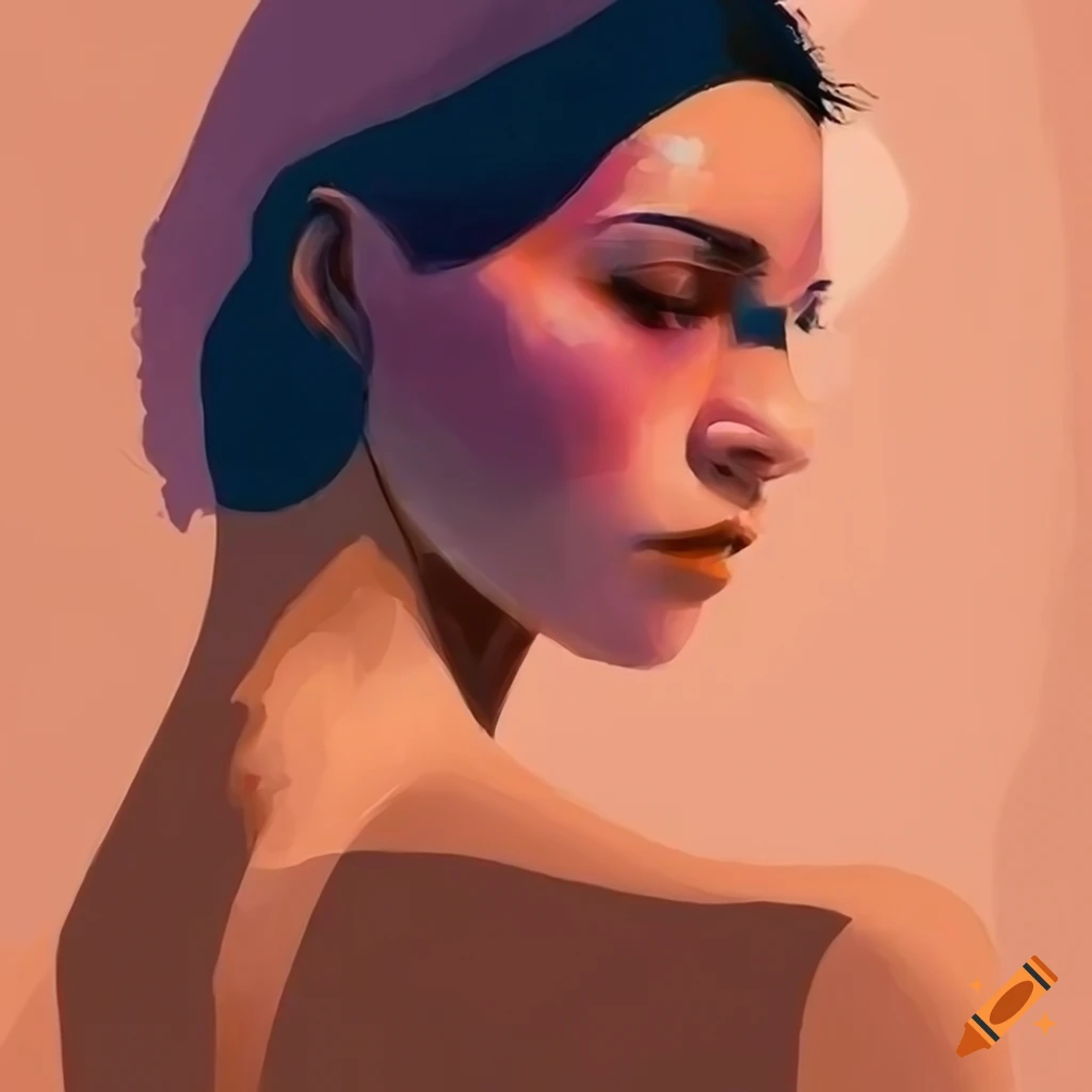 woman looking over her shoulder. Abstract artwork with delicate strokes and calming tones