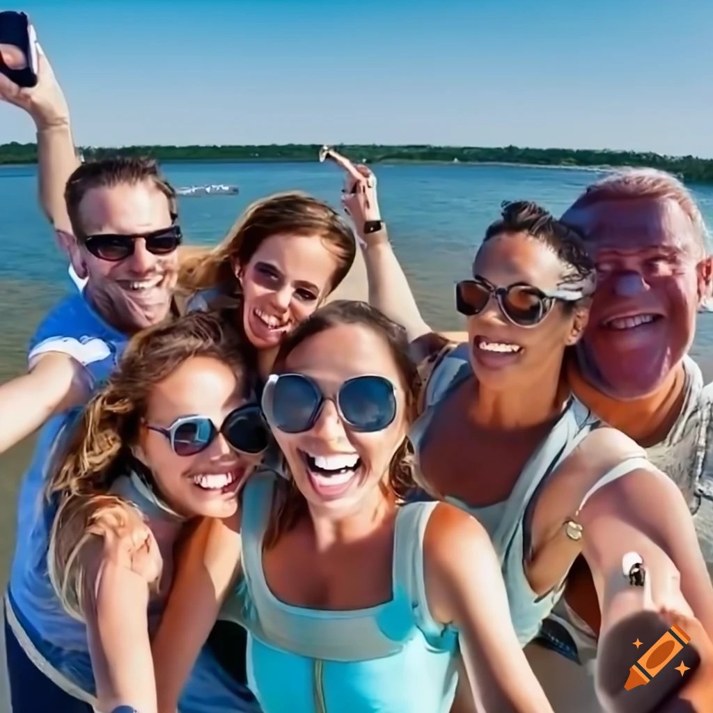  A group selfie of tourists from new york, vacationing on cape cod ...
