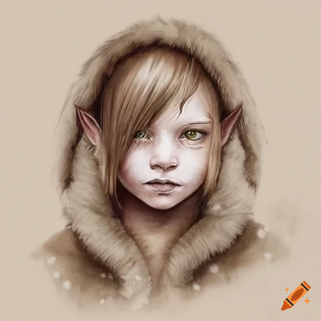 Elf child wearing furs during snowfall, sepia ink on parchment