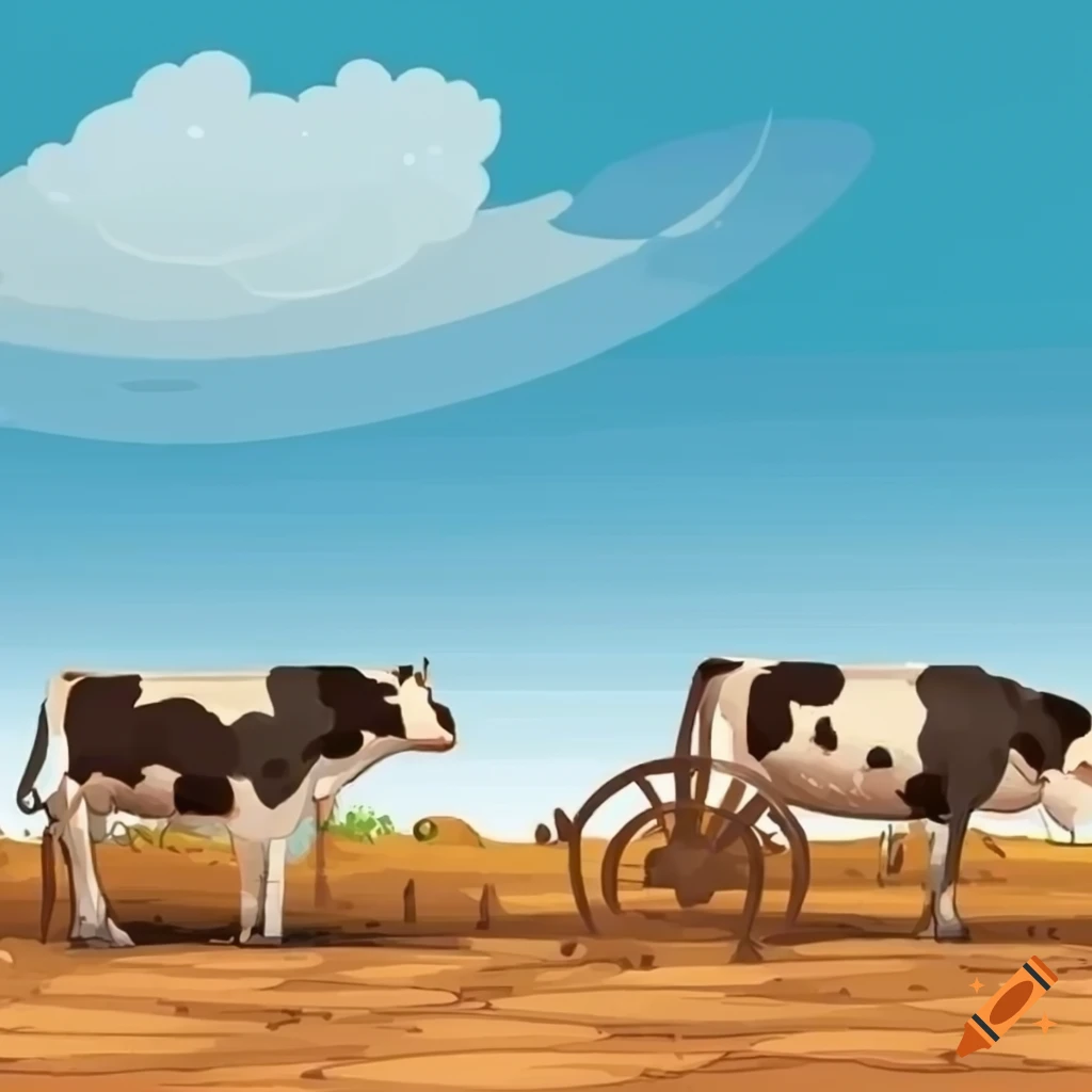 Cows harnessed for plowing with yoke in the field blue sky illustration