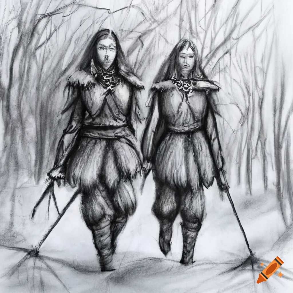 Six elven warriors walking through the snow, wearing fur clothing