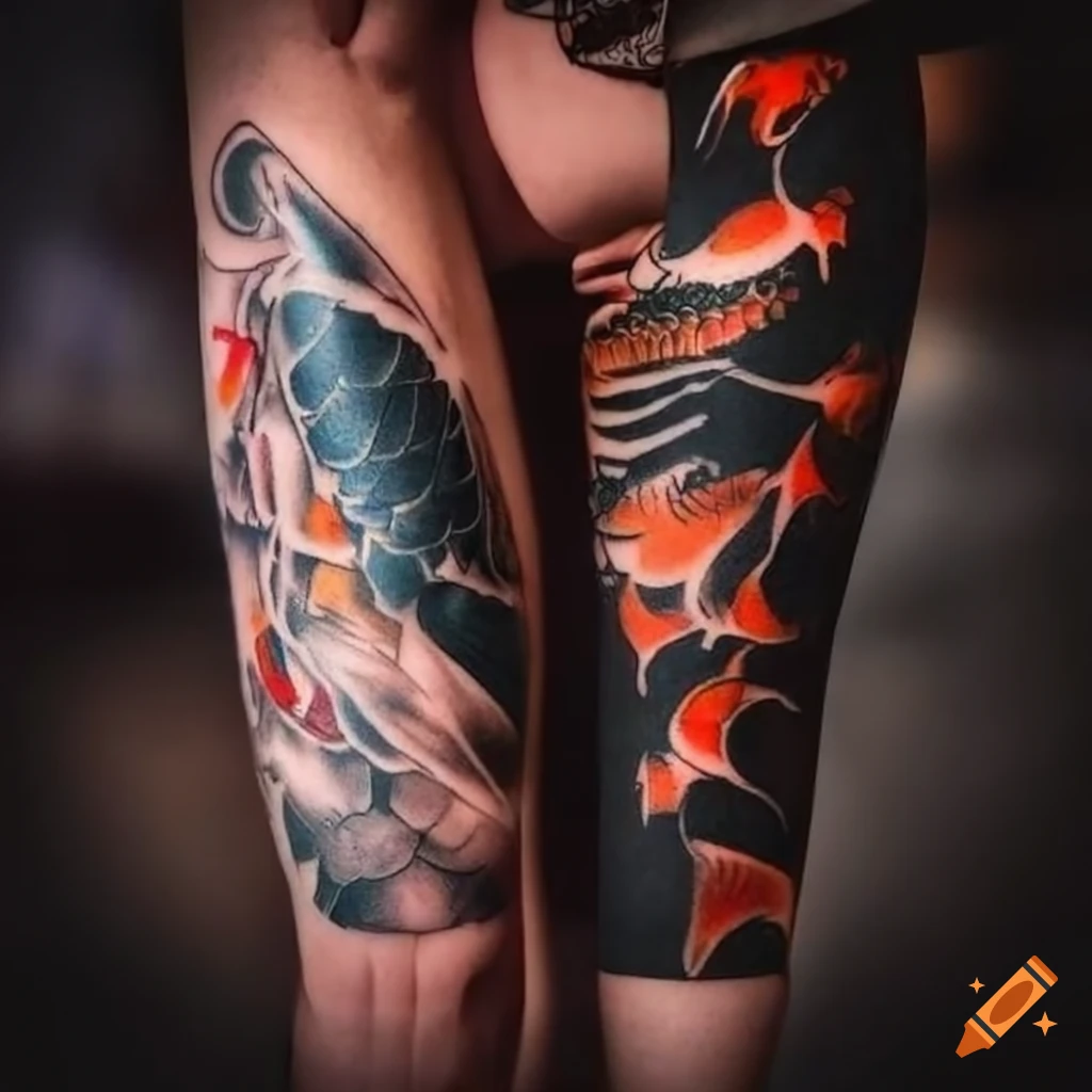 Person's arm with a sleeve tattoo featuring koi fish on Craiyon