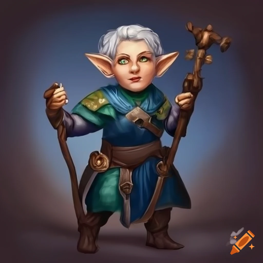 Round faced halfling cleric in blue and green robes with short grey hair