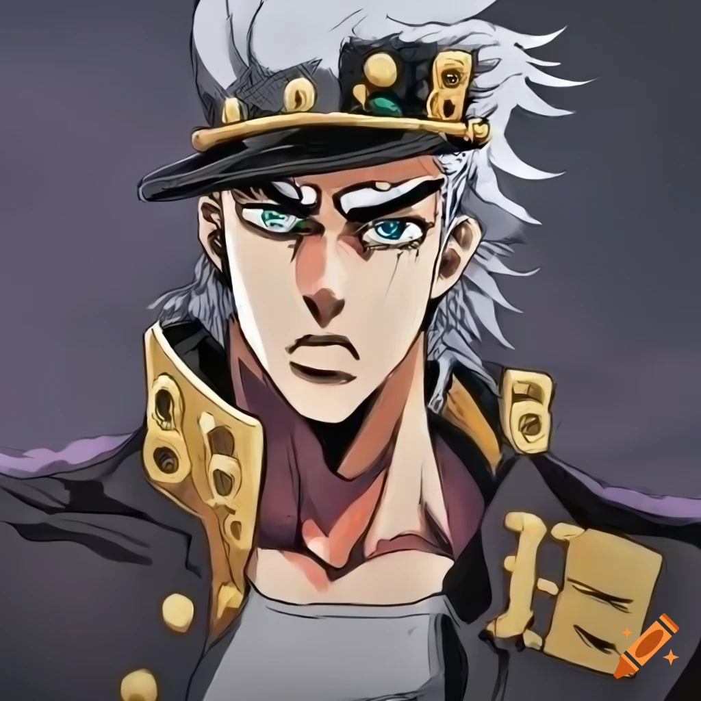 Jotaro kujo at 50 with long white hair, hat and jacket