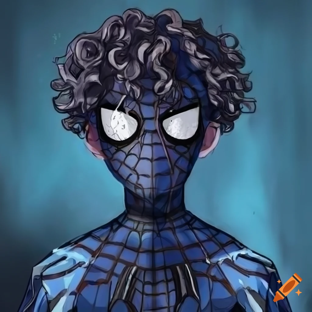 Spidersona of a curly haired boy, a black and blue spider suit but