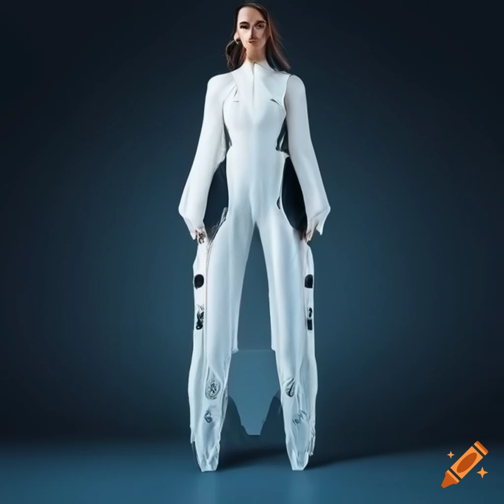 Highly detailed futuristic fashion for space travel, female, white, clean  garments