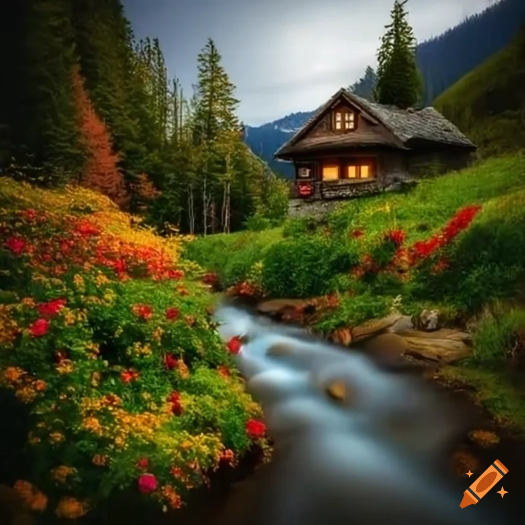 Cottage in the mountains with blooming flowers and a creek on Craiyon