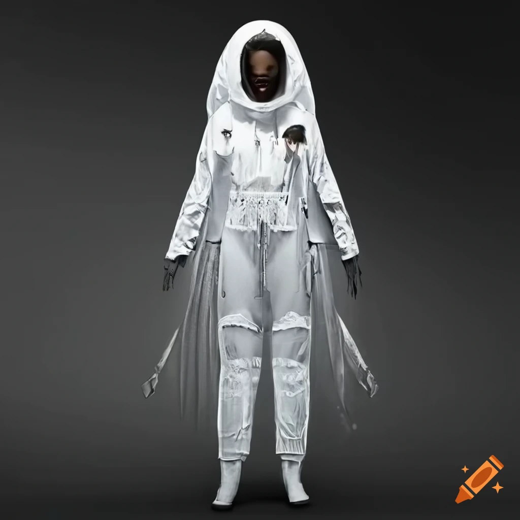 Highly detailed futuristic fashion for space travel, white, clean garments