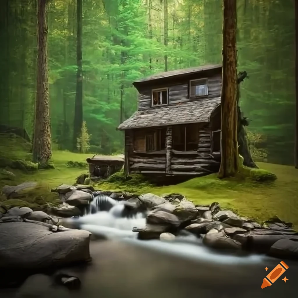 cabin by a rocky stream in the forest, surrounded by trees