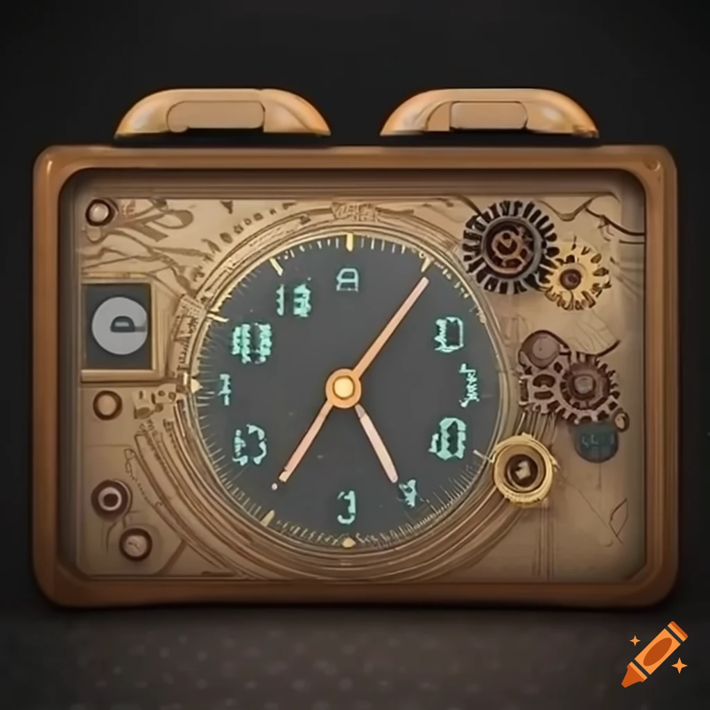 An ipad digital alarm clock application with a steampunk interface design on  Craiyon