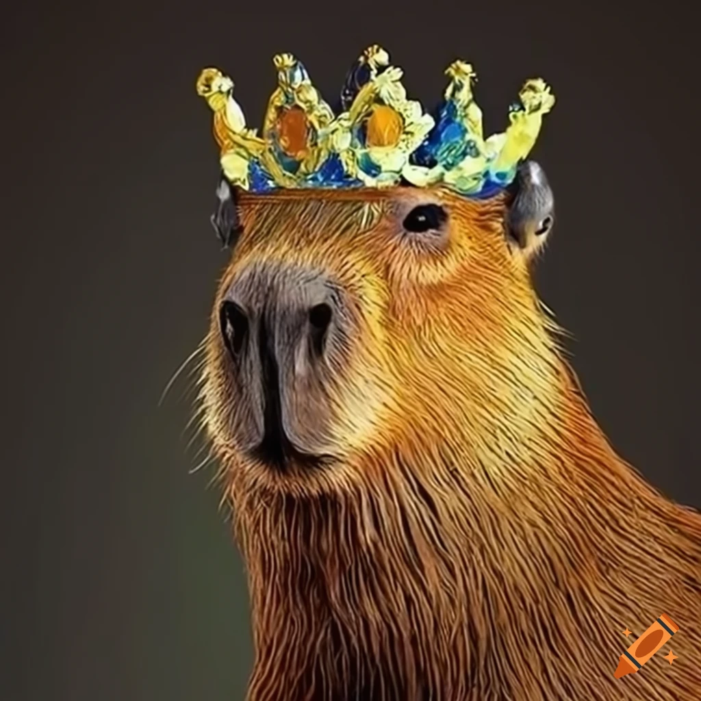 A regal capybara donning a van gogh-inspired crown and attire