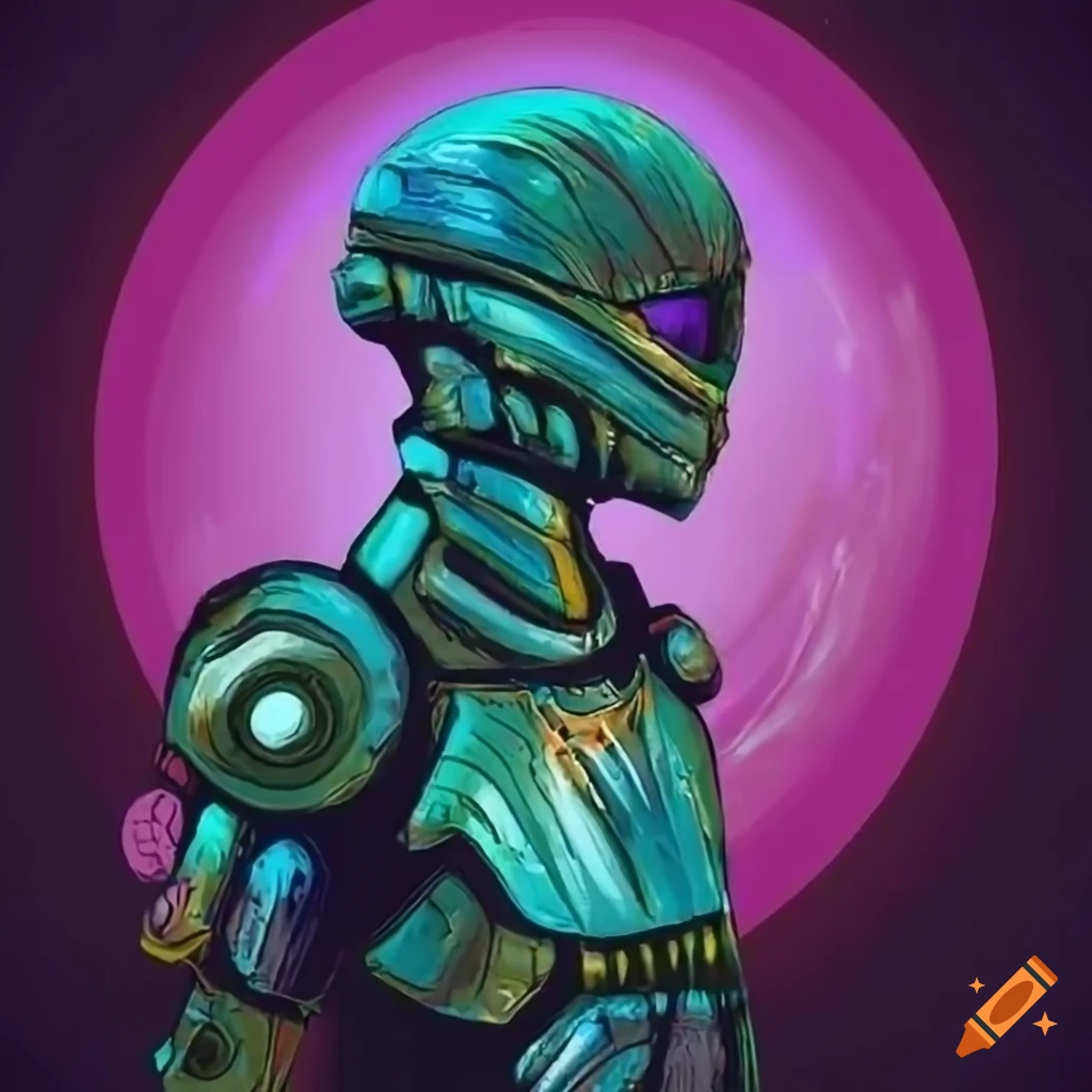 A person in sci-fi armor scanning surrounding landscape on an alien planet, with wavy long hair, glowing lines on armor, a mantle, realistic, colourful