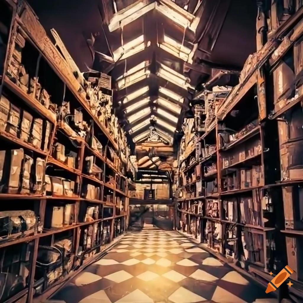 Inside of a pawn shop warehouse with shelves and display cases full of