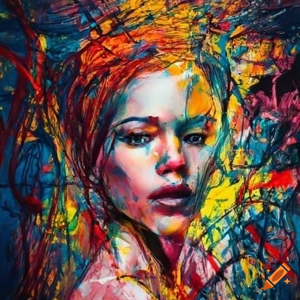 Portrait of a stunning woman in pollock-inspired abstract using a bold ...