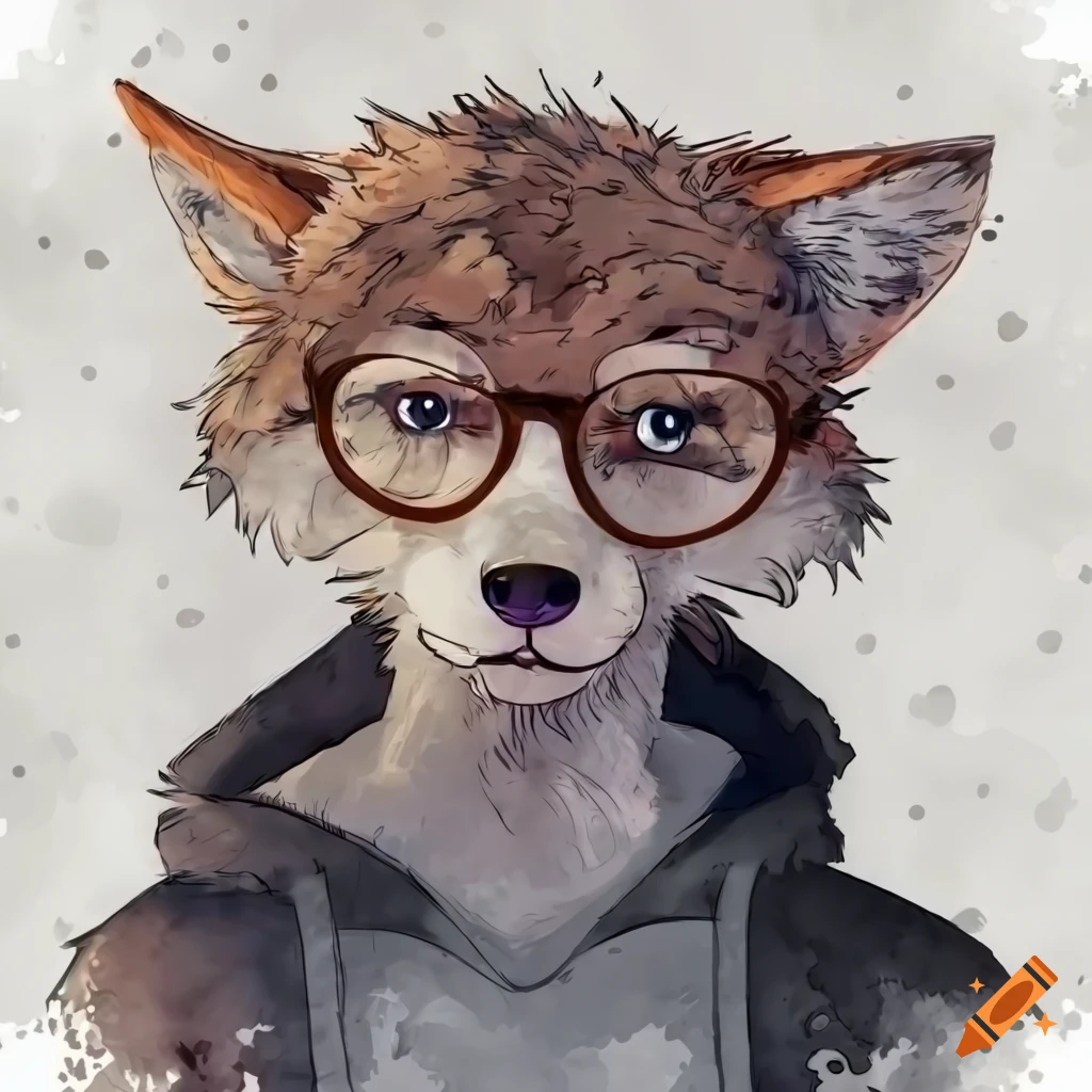 High-definition illustration of an anthro brown wolf/bear hybrid with glasses, grey hoodie, black pants, and black shoes in the Beastars style