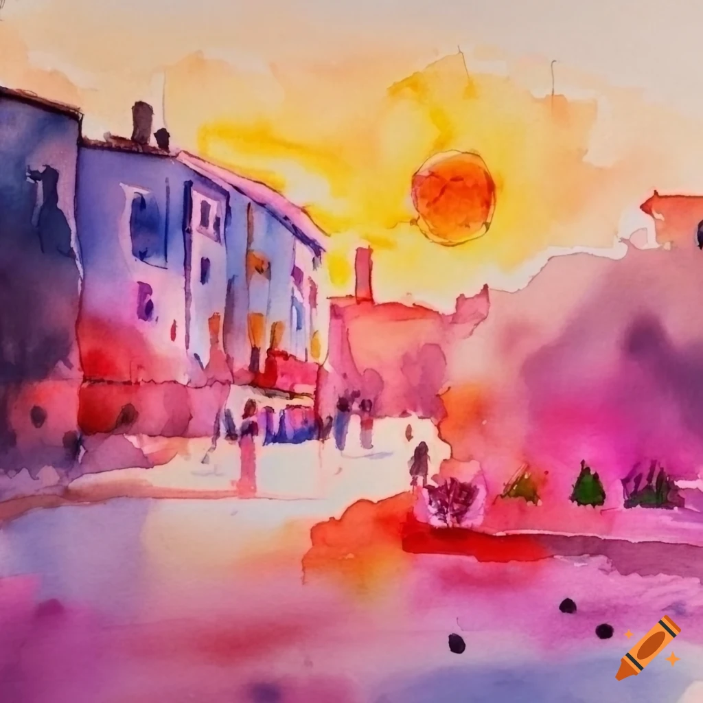 Watercolour provence , pink and redlight, sun