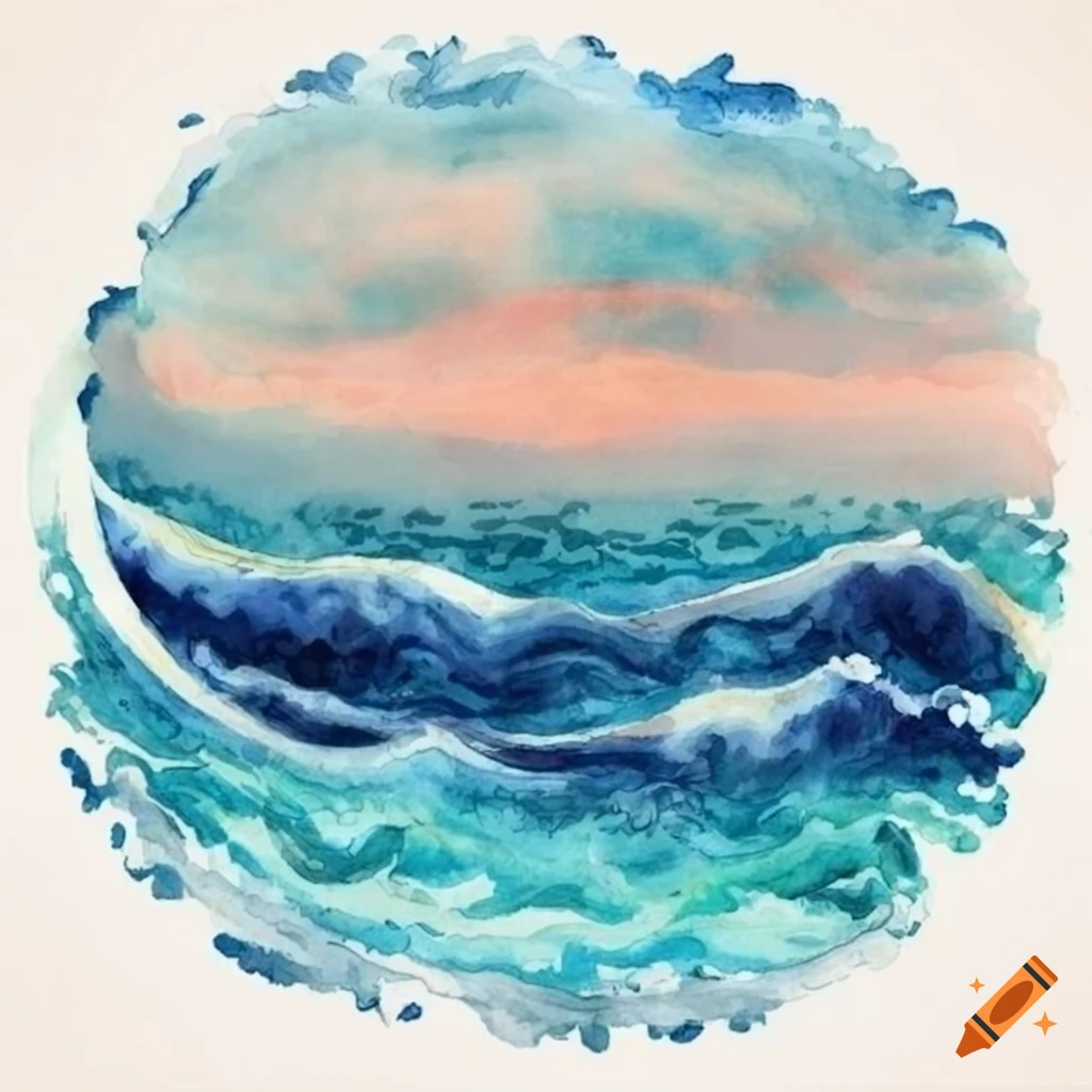 Sea waves, watercolor hand drawn, vivid hues, isolated on white background, spaced out