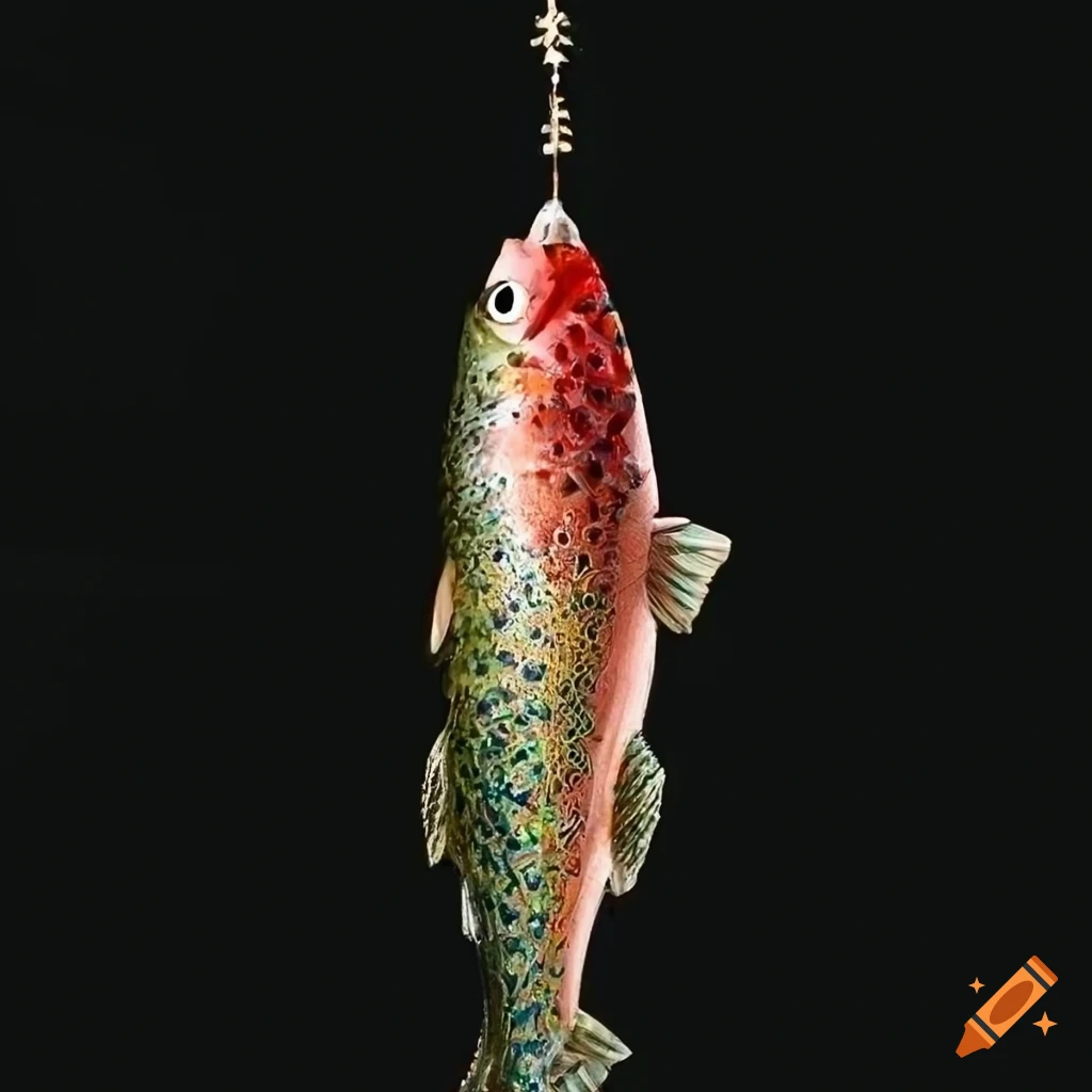 In high definition, intricate 'cuckoo clock style', museum sculpture  rainbow trout, defined light, textured with fine italian glass beading on  Craiyon