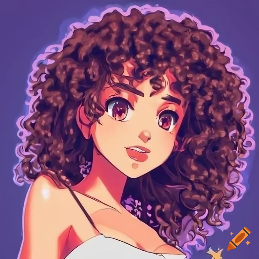 Retro 80s anime-style hispanic girl with tan skin, shoulder-length brown  curly hair, angel wings and halo