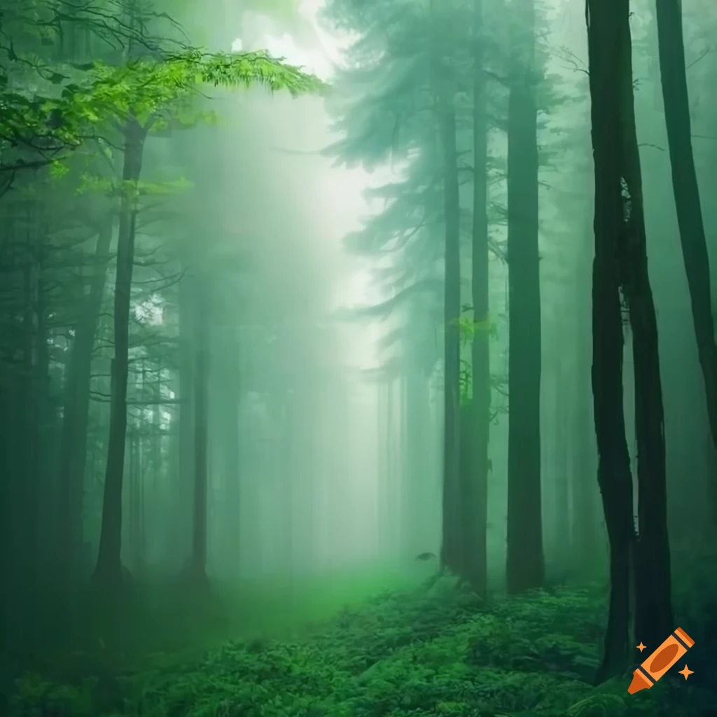 A foggy green forest with tall trees and lush vegetation on Craiyon