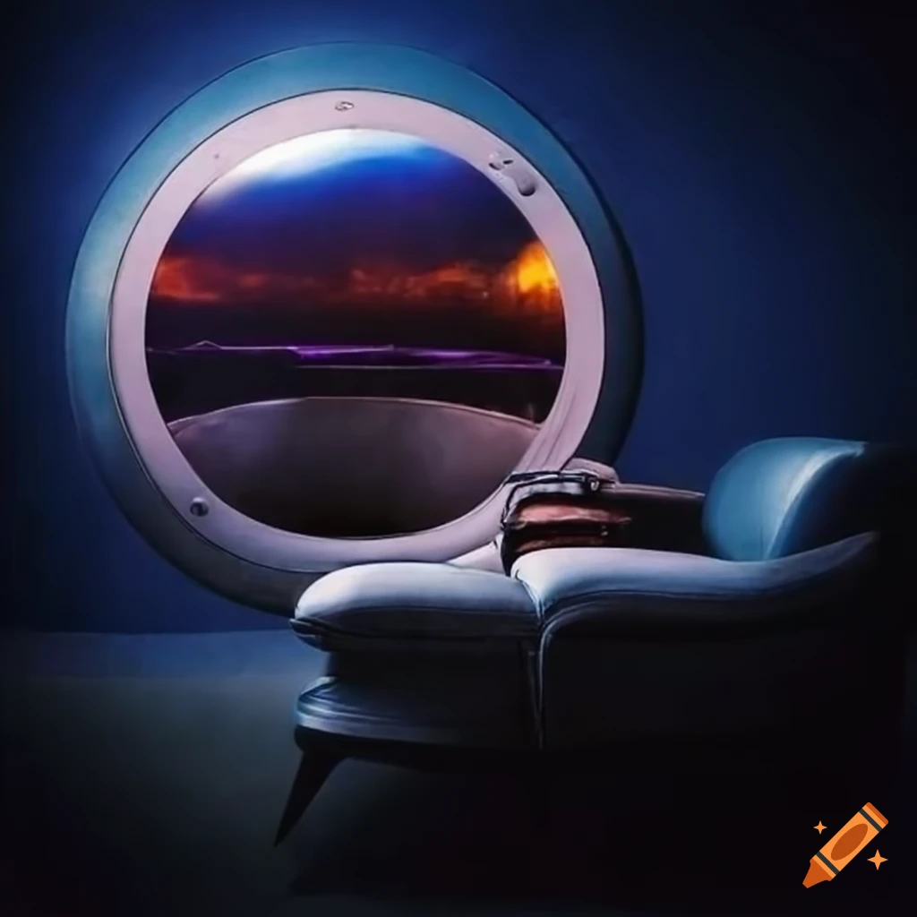 Inside a small 1950sstyled spaceship lounge. the spaceship lounge has