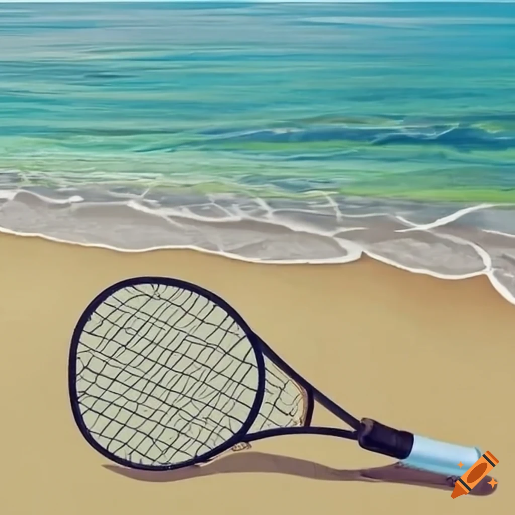 A tennis racket and a tennis ball lying on the sea coast
