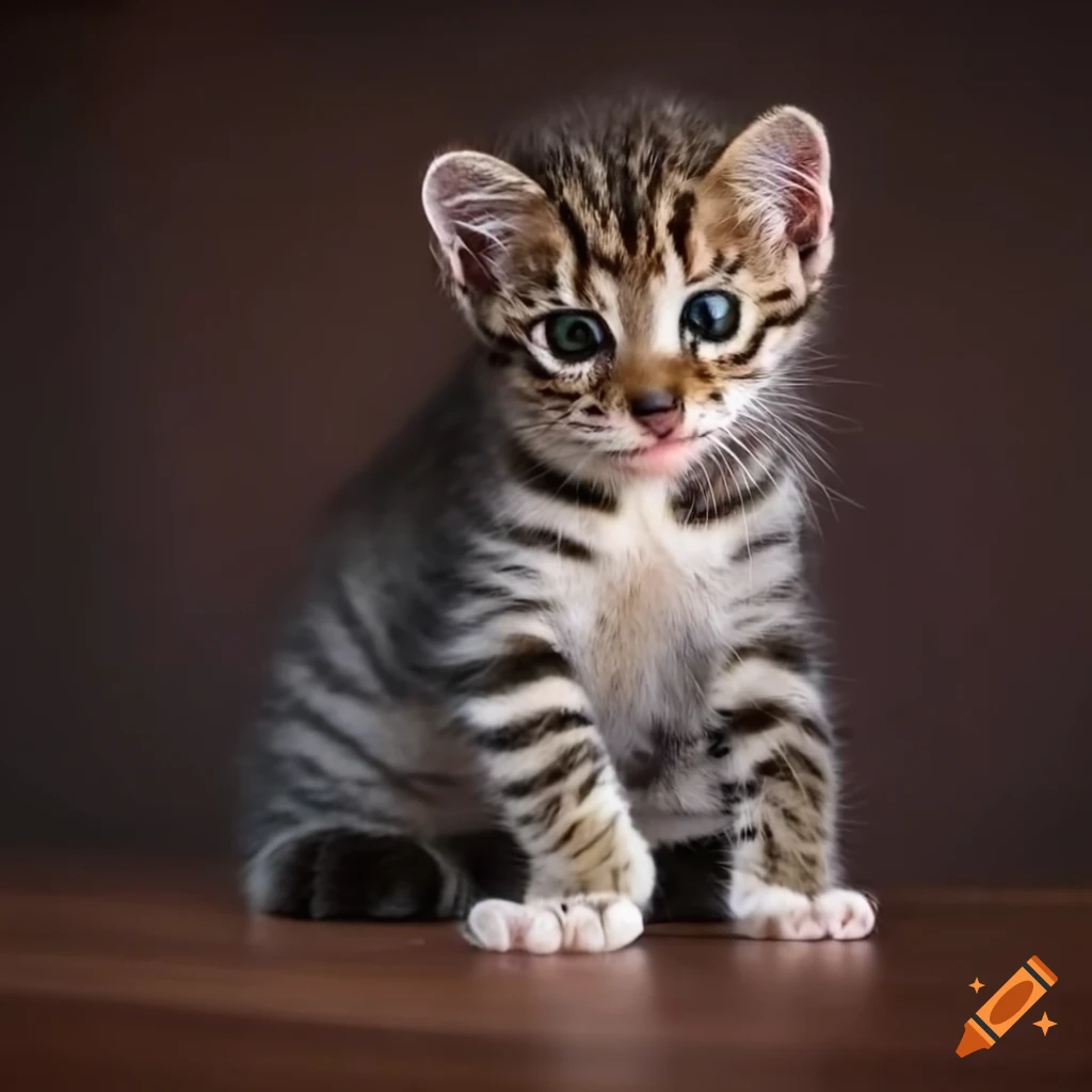 A baby tiger cat with black body - but her hands, feet, chest and stomach  are white - and has very mild and gentle expression, craving for attention  on Craiyon