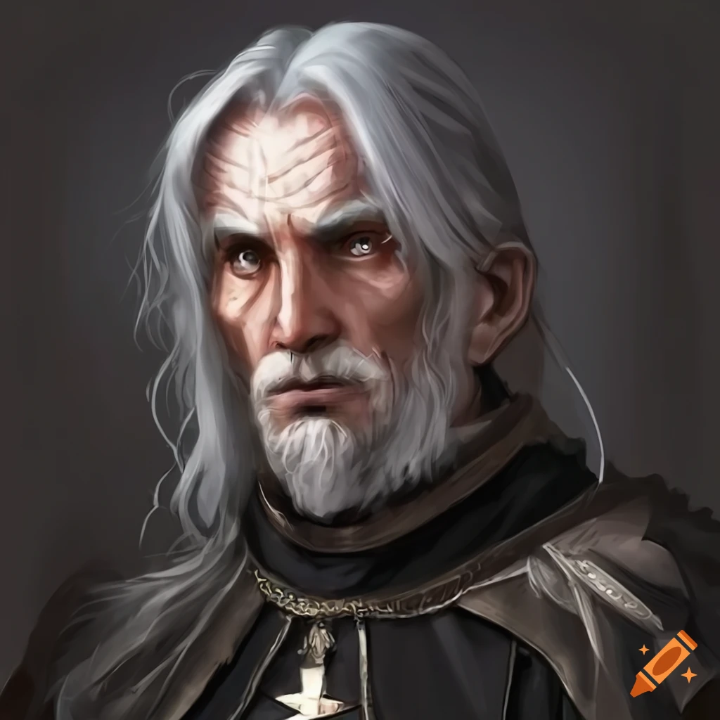 A fantasy middle aged man with long gray hair, silver eyes and black ...