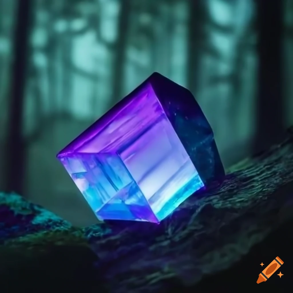 Crystalized cube glowing purple in the middle of the forest on Craiyon