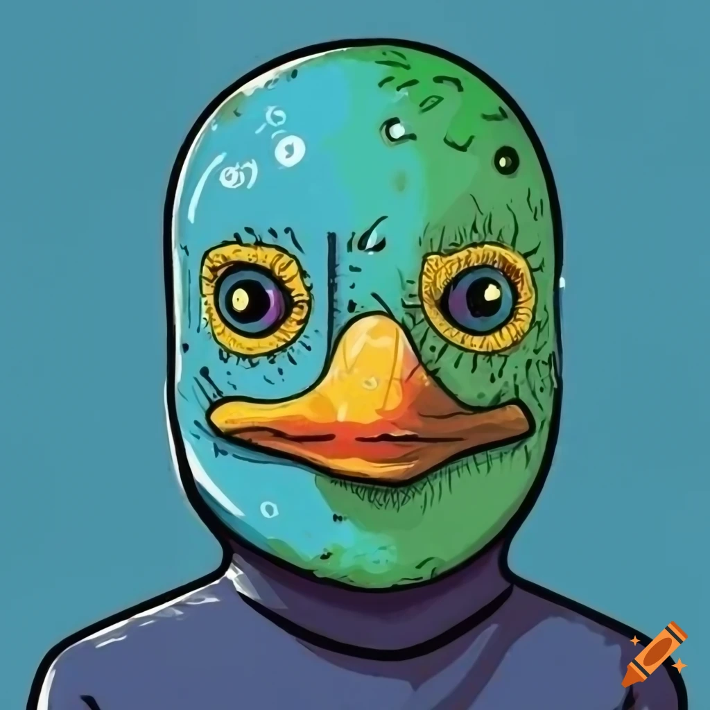 Paintbrush style, man with a cyan duck mask and yellow beak