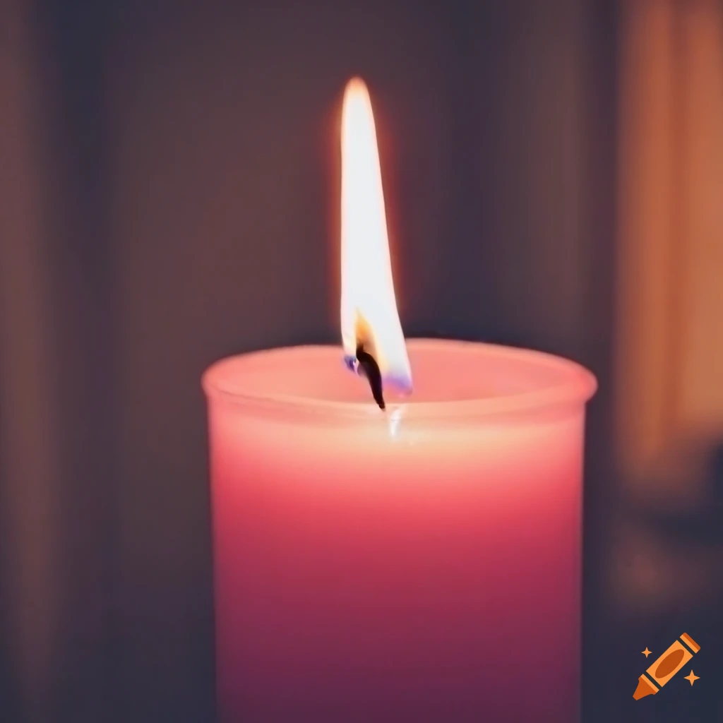 A pink thin candle, lit, in the hallway of her house