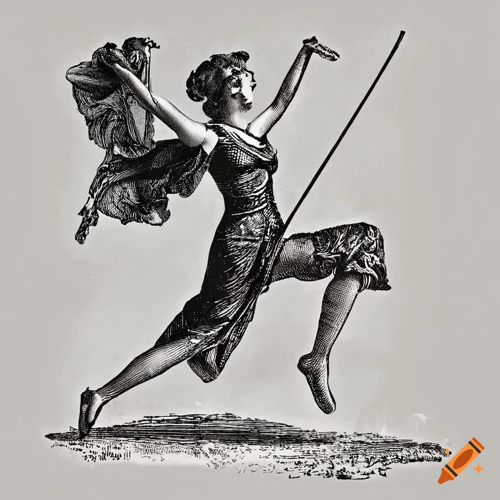 Tightrope walker girl performing a trick, vintage engraving, no background  on Craiyon