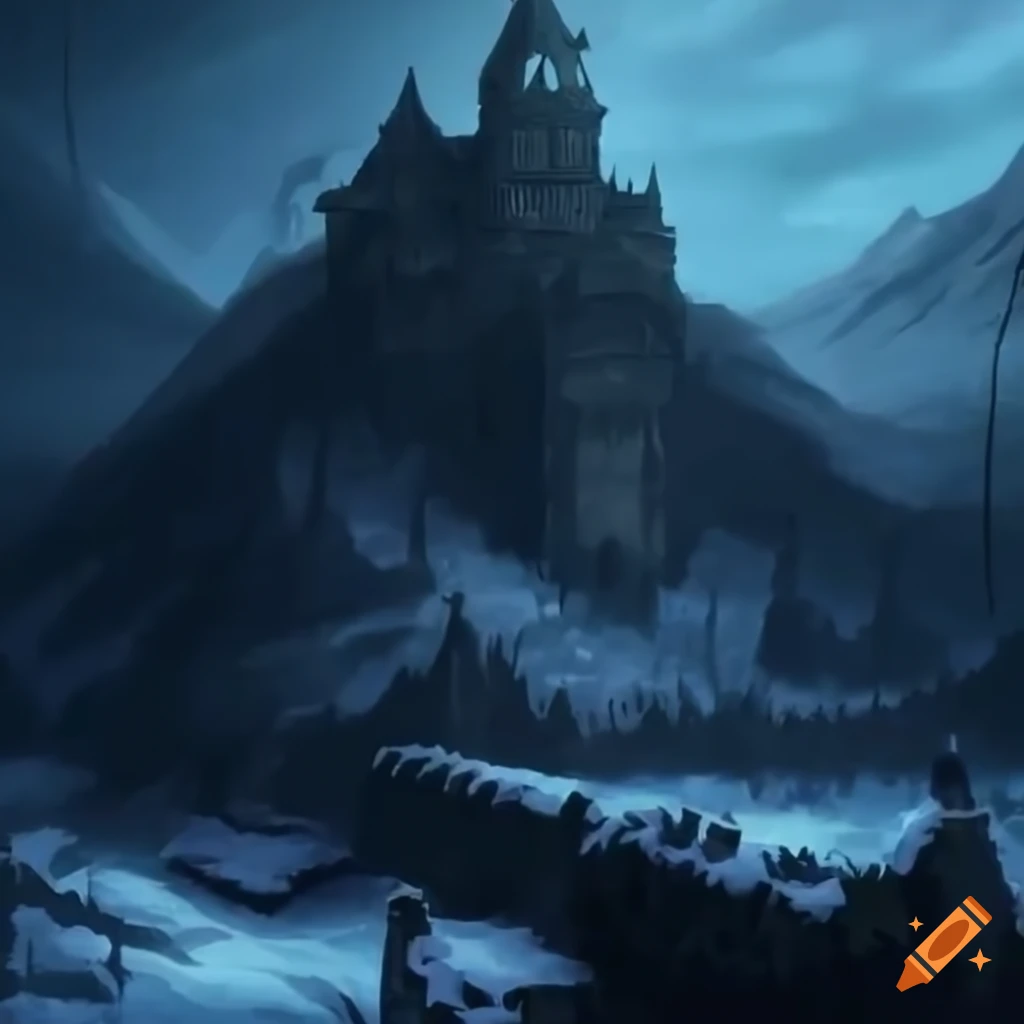 Small dark ancient fortress in a snowy mountain on Craiyon