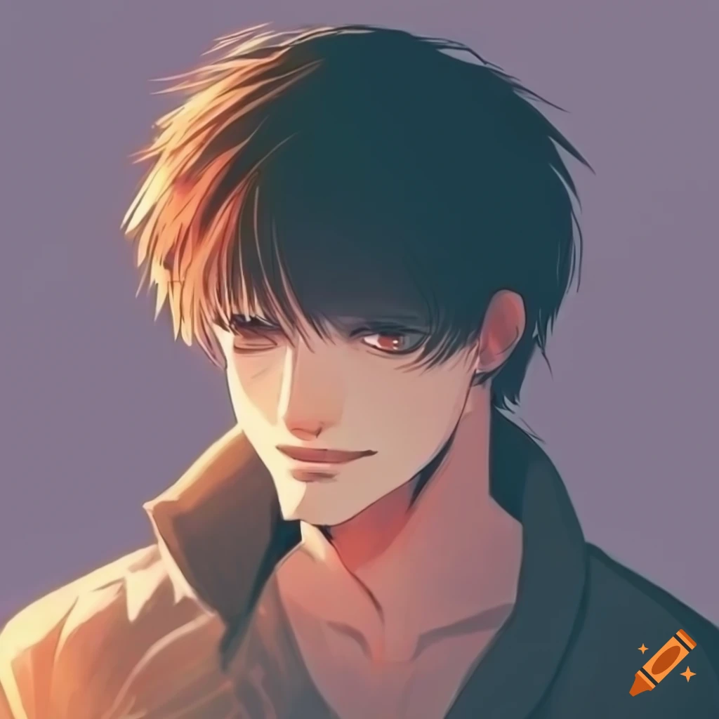 Anime style, boy with black hair , fierce brown eyes, high texture fade  haircut, sharp jawline
