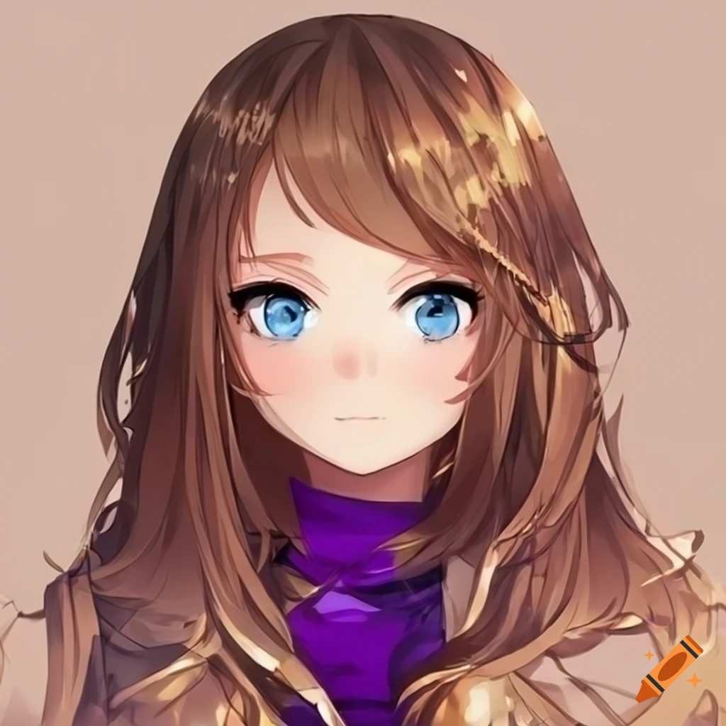 An anime girl that has brown hair and blue eyes next