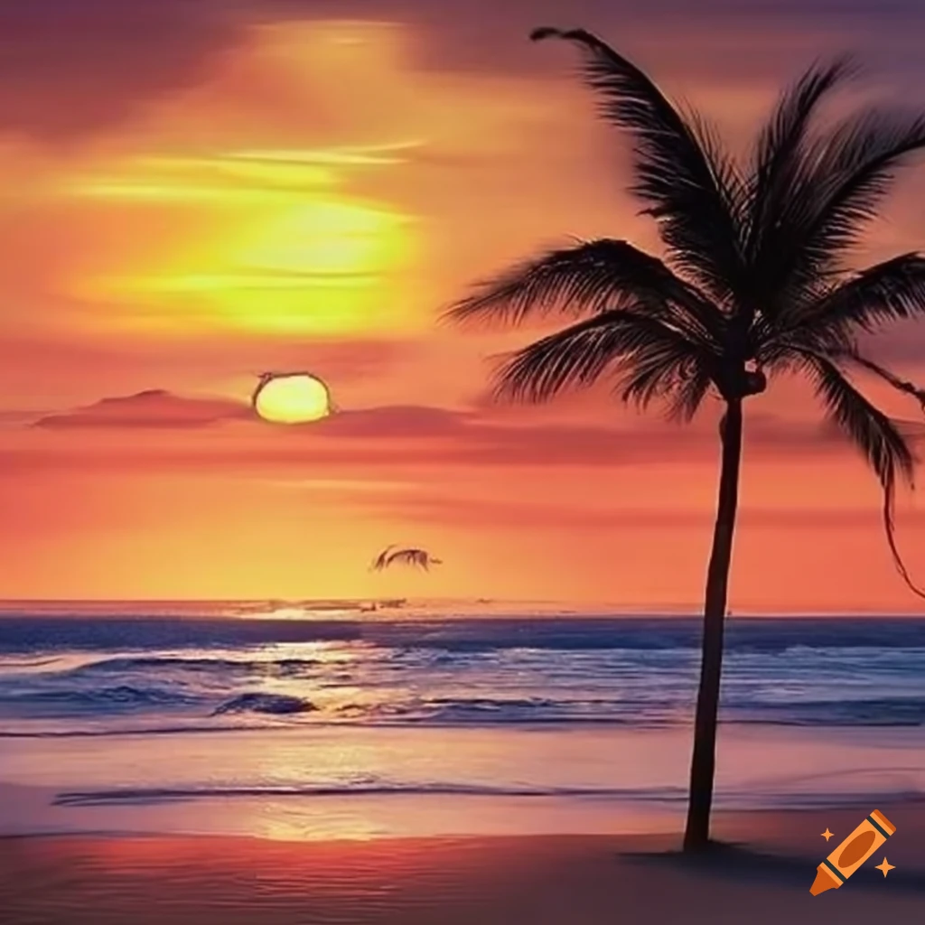 Beach sunset with palm trees Descriptor best quality hyper-realistic photograph Photorealistic Quality by Guy Harvey
