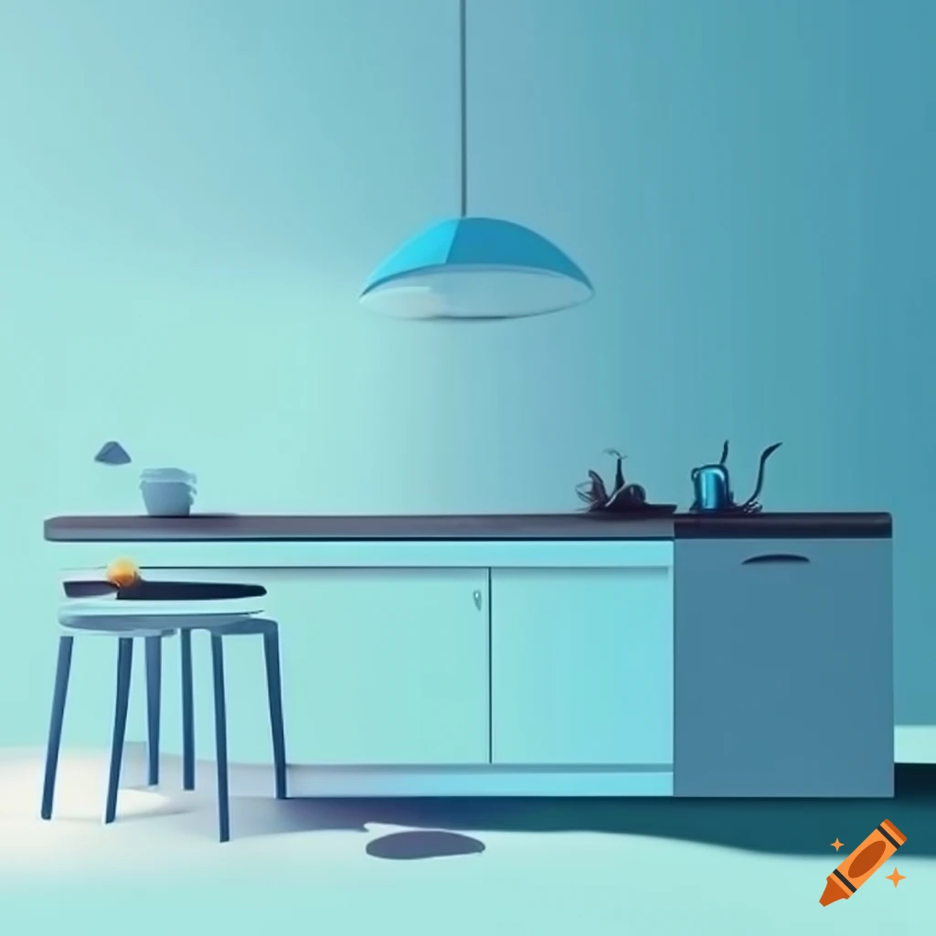 Light blue minimal kitchen in white background