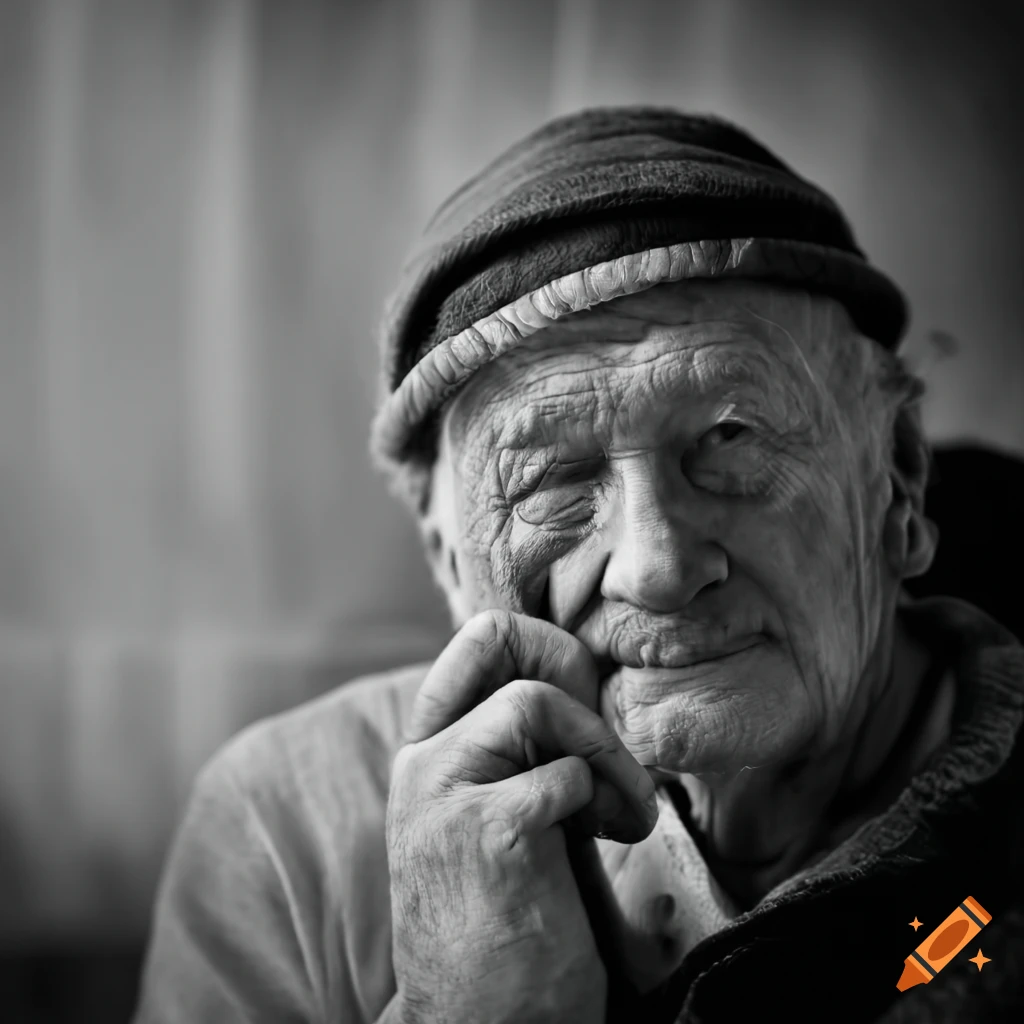 Old man thinking on black and white with a metal bracelet