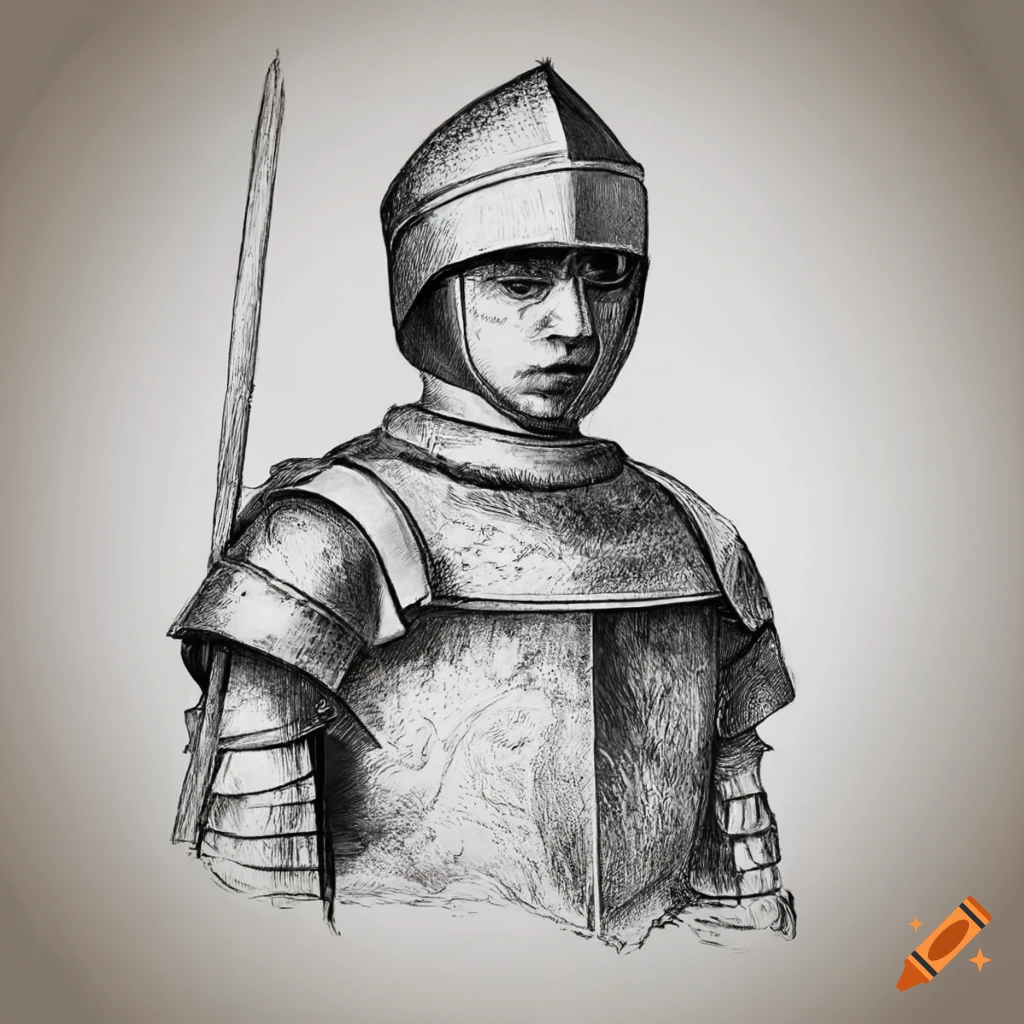 A young adult knight, black and white medieval portrait